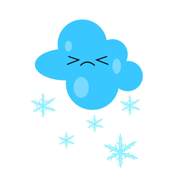 cloud cheerless cartoon character and falling blue snowflakes objects on white background winter and cold snap concept - Vector, Image