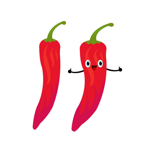Hete chili peper rode cartoon karakter groente met een leuke glimlach en stralende blauwe ogen houdt duimen omhoog als een gebaar van goedkeuring van een object op een witte achtergrond eten en kruiden concept - Vector, afbeelding