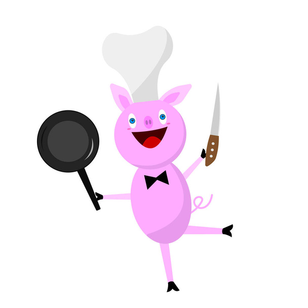 piggy χαρακτήρα κινουμένων σχεδίων που θέτουν σε ένα καπέλο μάγειρας κρατά ένα μαχαίρι και ένα τηγάνι στα χέρια του μαγείρεμα αξεσουάρ αντικείμενο σε ένα λευκό φόντο εστιατόριο και καφέ έννοια - Διάνυσμα, εικόνα