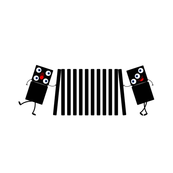 Dominolar için siyah zar beyaz arka plan hobisi ve spor konsepti üzerine komik çizgi film karakterleri - Vektör, Görsel