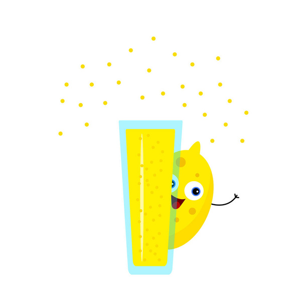 Lemon bright cartoon character hiding behind a transparent glass with fizzy drink object on a white background - Vector, Image