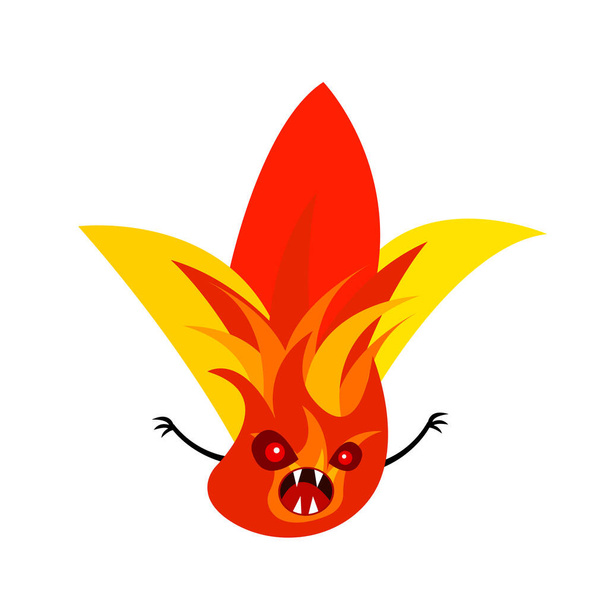 Ateş canavarı keskin dişleri ve kırmızı gözleri olan muhteşem parlak bir çiçek. Beyaz arkaplandaki yangınlar ve mistik karakterler kavramı. - Vektör, Görsel