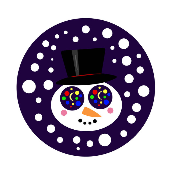 χιονάνθρωπος σε ένα μαύρο καπέλο κορυφή στα μάτια του αντανακλά τα Χριστούγεννα στρογγυλά φώτα και το φεγγάρι πέφτει λευκό χιόνι εορταστική χειμώνα βράδυ και το νέο έτος έννοια - Διάνυσμα, εικόνα