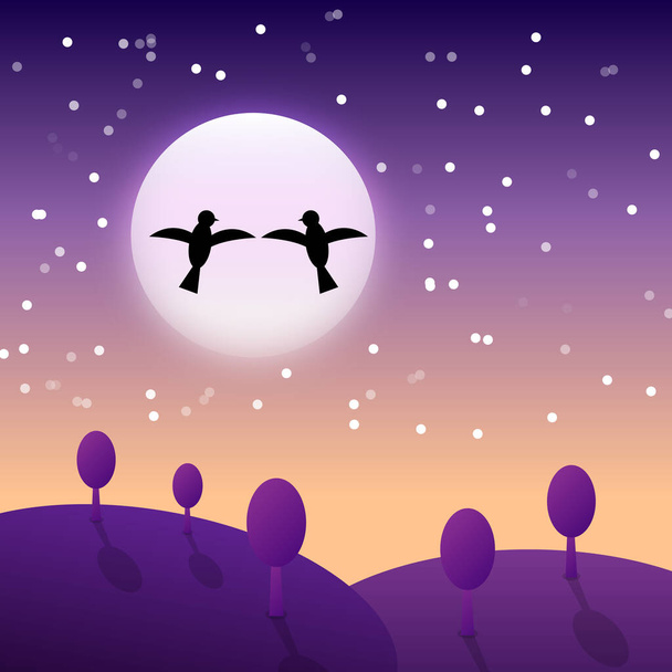 night nature trees grow on the slopes a bright full moon illuminates the earth a silhouette of two flying birds clean and no one around wallpaper for design - Vector, Image