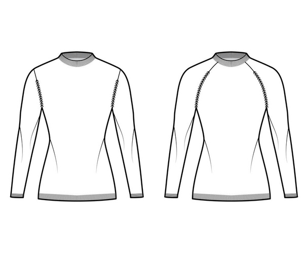 Set of Rib Fisherman Sweaters technical fashion illustration with crewneck, long raglan sleeves, hip length, knit trim - Vector, Image