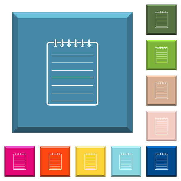 Ícones brancos do bloco de notas em botões quadrados afiados em várias cores da moda - Vetor, Imagem