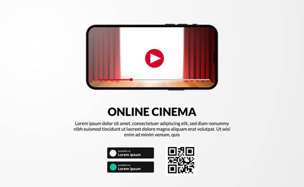 streaming online cinema, movie, or film series from app phone screen video display with download landing page. with white background - Vektor, obrázek