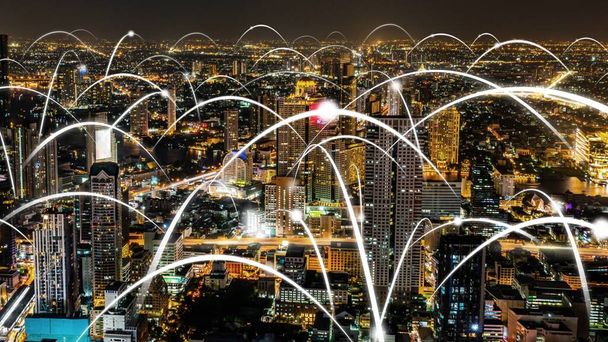 接続ネットワークを示すグローバル化抽象的なグラフィックとスマートデジタル都市 - 写真・画像