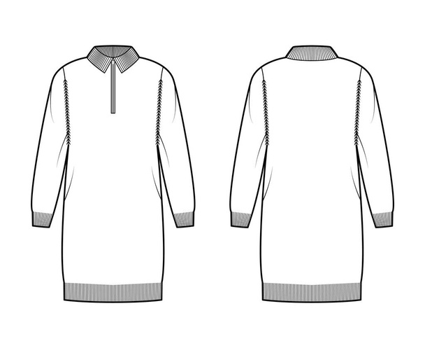 Zip-up φόρεμα Sweater τεχνική εικόνα μόδας με λαιμό henley, κλασικό γιακά, μακρύ μανίκι, υπερμεγέθης, μήκος ισχίου - Διάνυσμα, εικόνα