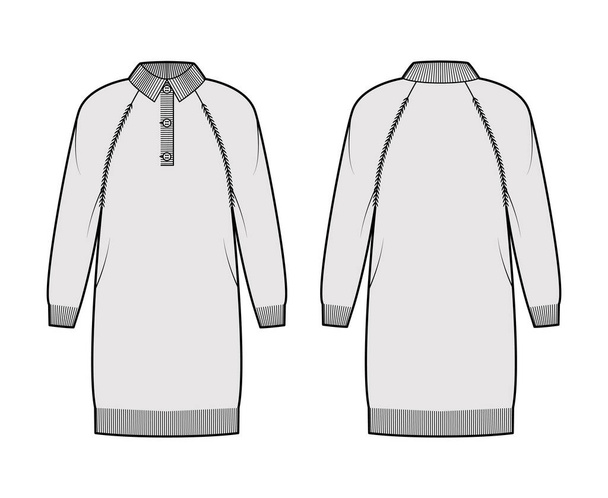 Ruha Polo pulóver technikai divat illusztráció bordás henley nyak, klasszikus gallér, hosszú raglan hüvely, térd hossza - Vektor, kép