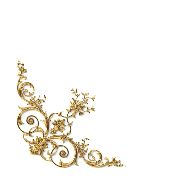 Illustrazione 3D. Carta d'oro vintage con decorazione. Elementi decorativi barocchi classici. Decorazione natalizia di elementi dorati isolati su sfondo bianco con ombra. Immagine astratta di sfondo, Render. - Foto, immagini