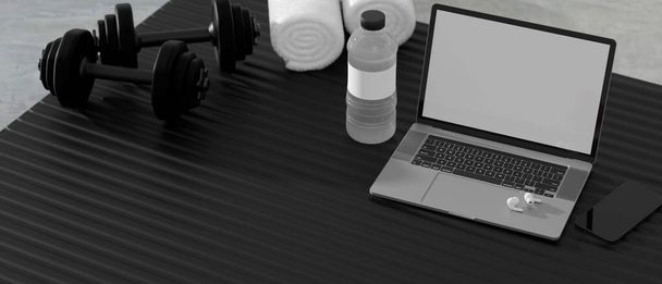 3D rendering, fitness ruimte concept met laptop, halters, waterfles en sport apparatuur op zwarte yoga mat, 3D illustratie - Foto, afbeelding