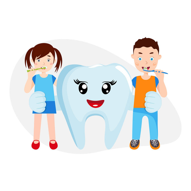 Cartoon-Zahn. Kinder beim Zähneputzen. Zahnpflege. Vektorillustration. - Vektor, Bild