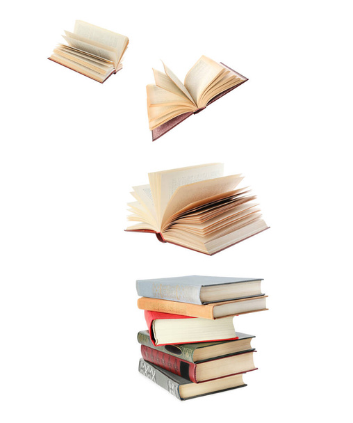 Stacked and flying books on white background, collage - Photo, image