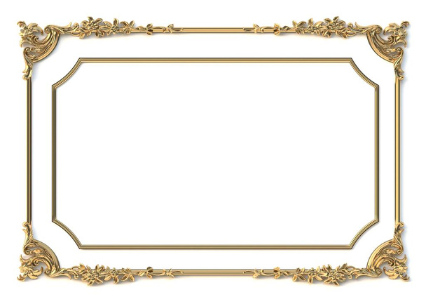 3D ilustrace. Klasické dekorativní prvky v barokním stylu ve formě obdélníkového rámu. Rekreační dekor ze zlatých prvků izolovaných na bílém pozadí.Digitální ilustrace. Zlatý rám - Fotografie, Obrázek
