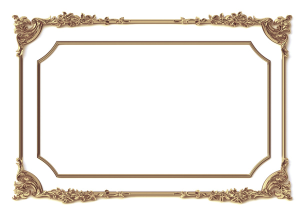 3D illusztráció. Klasszikus dekoratív elemek barokk stílusban, téglalap alakú keret formájában. Ünnepi dekoráció arany elemek elszigetelt fehér hátteren.Digitális illusztrációk. Arany keret - Fotó, kép