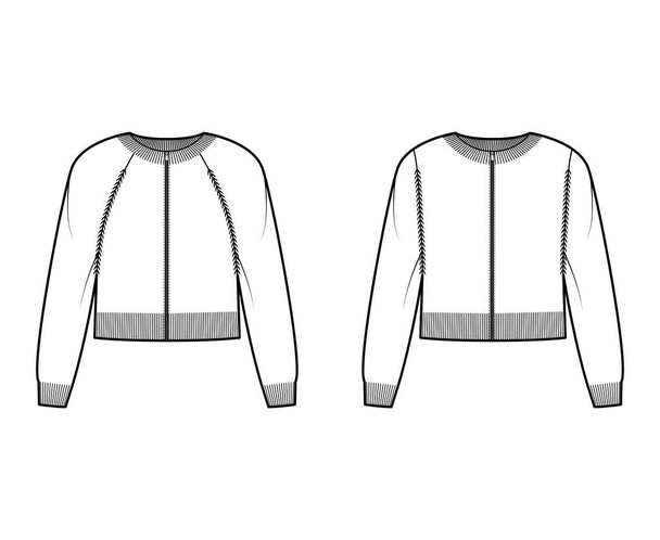 Σύνολο Zip-up cropped ζακέτες πουλόβερ τεχνική απεικόνιση μόδας με το λαιμό πλήρωμα πλευρά, πλεκτό τελειώματα, τσέπες - Διάνυσμα, εικόνα
