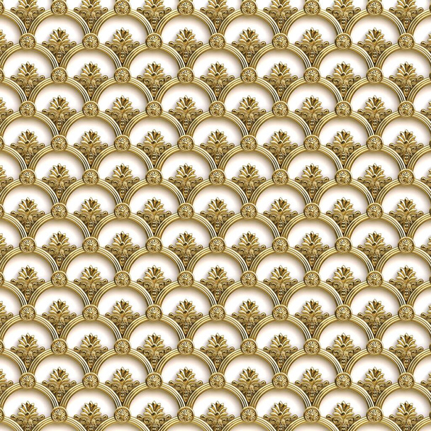 Illustration 3 d. Treillis décoratif en or ajouré avec une ombre en forme d'ornement de style oriental isolé sur un fond blanc. Treillis doré. Contexte festif. Ornement géométrique, or - Photo, image