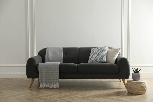 Stylish living room interior with comfortable grey sofa and beautiful plant - Fotó, kép