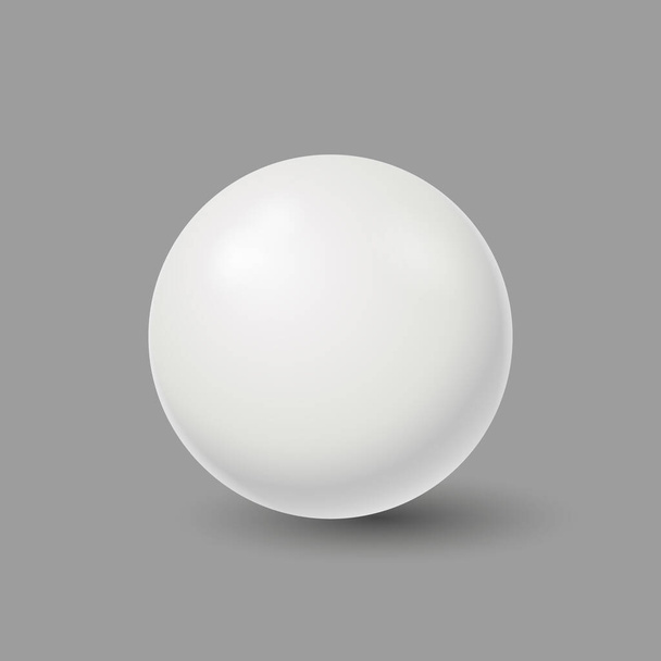 White round ball on gray surface. Sphere plastic empty metal decoration with light flares and shiny realistic. - Vektor, Bild