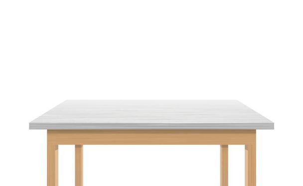 Fa asztal fehér felülettel, közelről. Kortárs íróasztal stílusos műanyag dekorációval. - Vektor, kép