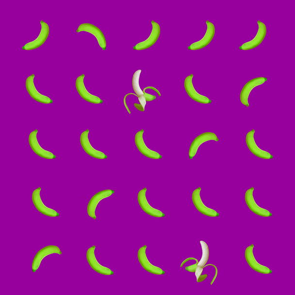 Pop Art Style Rows of Vivid Green Skin Fresh Banana on Vibrant Purple Background - Foto, Imagen
