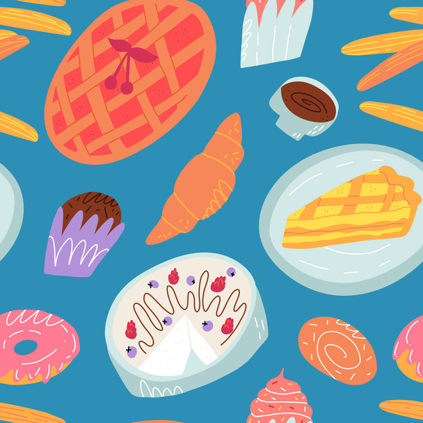 Cute various bakery desserts seamless pattern. Traditional American, French, Spanish sweet pastry on blue background - Vector, Image