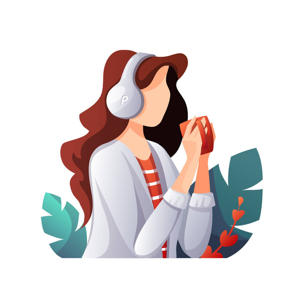 Mujer con auriculares y taza escuchando música, audio libro o podcast. E-learning, cursos en línea, concepto relajante. Ilustración vectorial aislada para tarjeta, póster, banner. - Vector, imagen