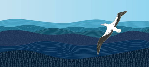 Albatros schweben über dem Ozean. Der Vogel fliegt in der Nähe der blauen Wellen. Abstrakte Hintergrundvorlage mit Muster im orientalischen Stil. Water Vintage Tapete. - Vektorabbildung - Vektor, Bild