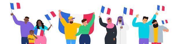 πολυφυλετικοί άνθρωποι που κρατούν γαλλικές σημαίες ευτυχισμένη bastille ημέρα Γαλλία ανεξαρτησία διάνυσμα εικονογράφηση σε λευκό φόντο - Διάνυσμα, εικόνα