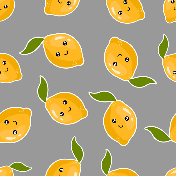 Flat smiling lemons with leave on a gray background. Seamless kawaii fruit pattern. Suitable for textile, wrapping paper. - Vettoriali, immagini