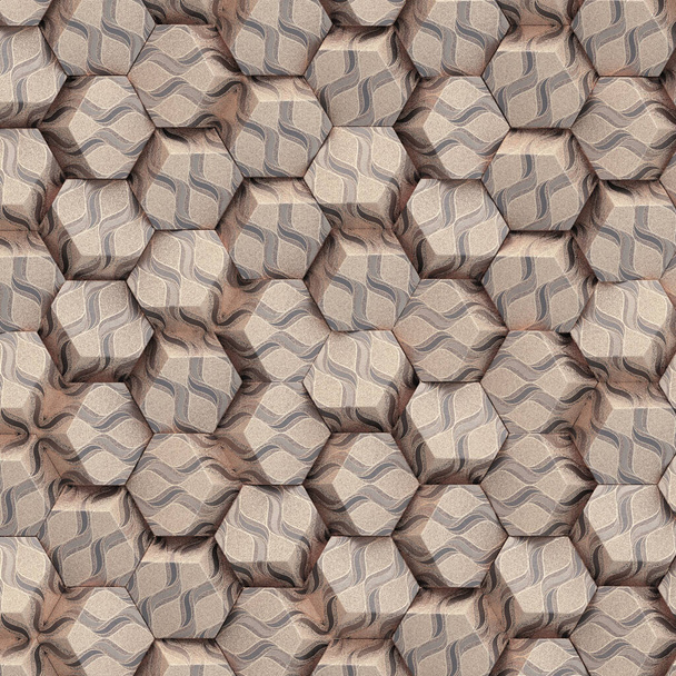Illustration 3D. Fond hexagonal doré abstrait avec effet de profondeur de champ. Un grand nombre d'hexagones d'or. Cellulaire, panneau 3D doré. Rendez-moi. Texture 3d d'un mur, amas hexagonaux - Photo, image
