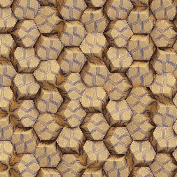 3d kuva. Abstrakti kuusikultainen kultainen tausta, jolla on kentän syvyyden vaikutus. Suuri määrä kultaa kuusikulmioita. Solu, kulta 3d paneeli. Renderöi. 3d tekstuuri seinään, kuusikulmainen klustereita - Valokuva, kuva