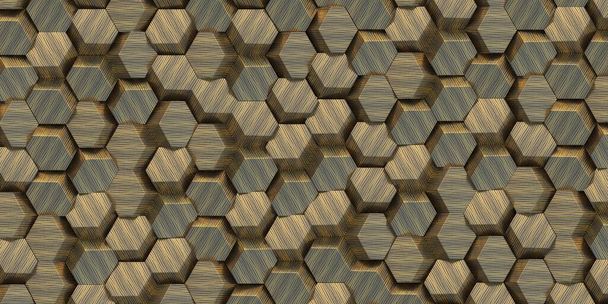 Ilustración 3d. Fondo dorado hexagonal abstracto con el efecto de la profundidad de campo. Un gran número de hexágonos de oro. Celular, panel de oro 3d. Render. textura 3d de una pared, racimos hexagonales - Foto, Imagen
