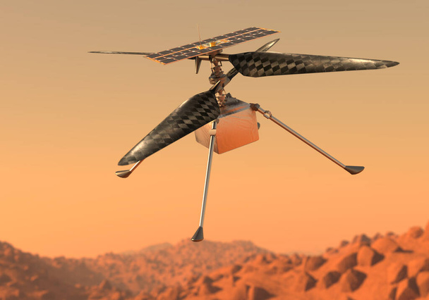 Helicopter Ingenuity explorer Mars. Drone sur le sol de Mars examinant des roches - Photo, image