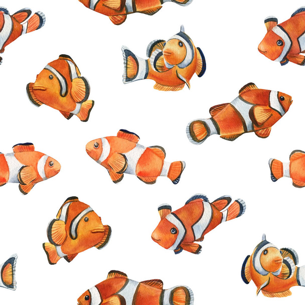 Tropical fish, clown fish and fish on an isolated background. Watercolor illustration, seamless pattern - Photo, Image