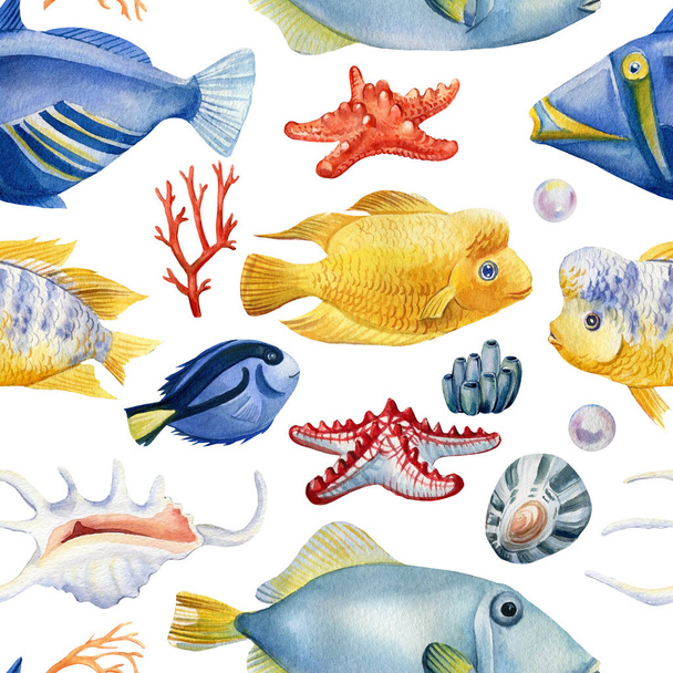 Tropical fish, coral, seashells, seahorse and fish on an isolated background. Watercolor illustration, seamless pattern - Foto, immagini
