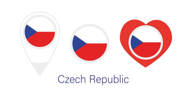 Государственный флаг Чехии, круглая икона, значок сердца и знак местоположения - Вектор,изображение