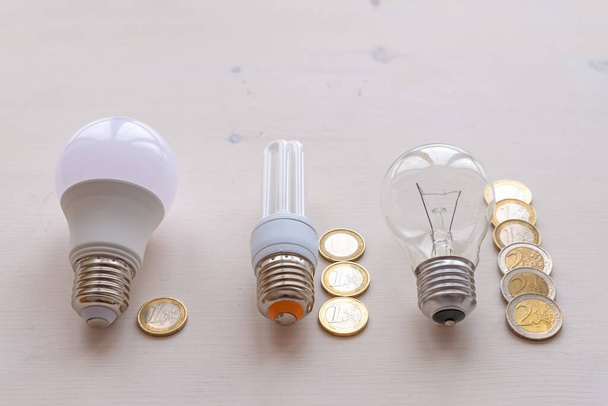 LED light bulb, incandescent light bulb, fluorescent light bulb, with coins next to it. Costs and consumption of the various types of light bulbs.  - Foto, Imagen