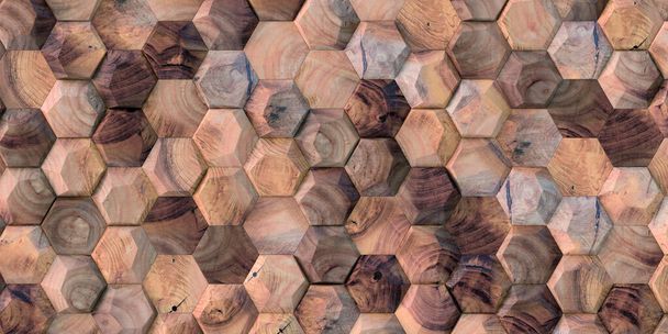 Ilustracja 3D Tekstura, tło, trójwymiarowe, realistyczne drewniane wielokąty z cieniem, z teksturą naturalnego drewna, położone na różnych wysokościach. Render.3d tekstura ściany, sześciokątne - Zdjęcie, obraz