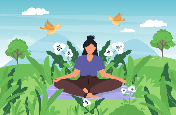 Yoga Mujer meditando en prado verde. Posar yoga en el parque. Chica relajante fitness saludable. Expresión relajada fuera del verano. Hermosa mujer haciendo yoga naturaleza pose pacífica. Ilustración vectorial - Vector, imagen