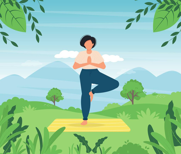 Yoga meditierende Frau auf einer grünen Wiese. Park yoga pose. Mädchen entspannen gesunde Fitness. Entspannter Ausdruck außerhalb des Sommers. Schöne Frau beim Yoga Natur friedliche Pose. Vektorillustration - Vektor, Bild