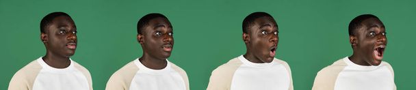 Evolution of emotions, African mans portrait isolated on green studio background with copyspace - Foto, imagen