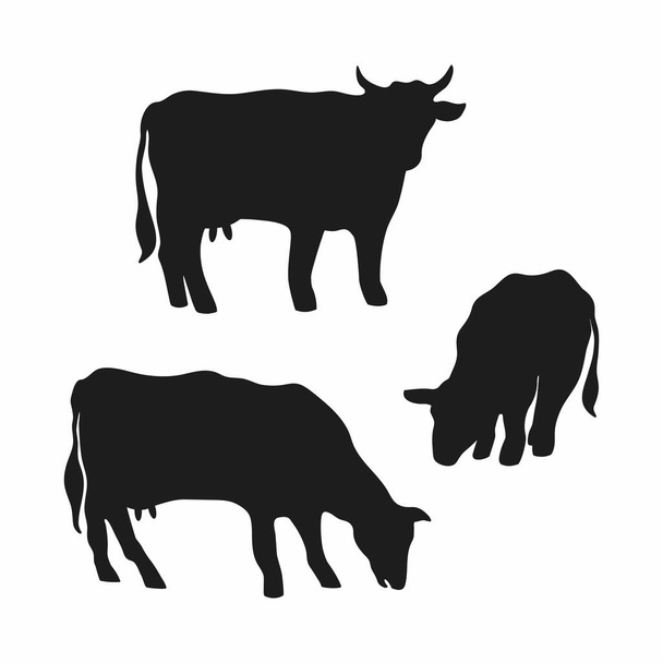 Vektorsatz. Silhouetten grasender Kühe auf weißem Hintergrund vereinzelt. Vieh, Bauernhof, Landwirtschaft. - Vektor, Bild