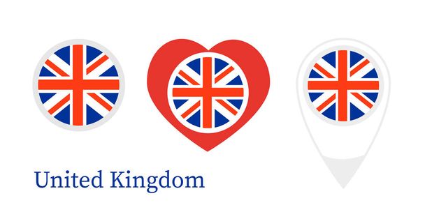 Государственный флаг Великобритании, круглая икона, значок сердца и знак местоположения - Вектор,изображение