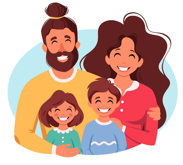 Familia feliz con hijo e hija. Padres abrazando niños. Ilustración vectorial - Vector, Imagen