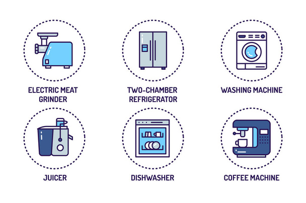 Household appliances color line icons set. Home and kitchen electronics. Domestic technology. Signs for web page, mobile app, banner - Vector, Image