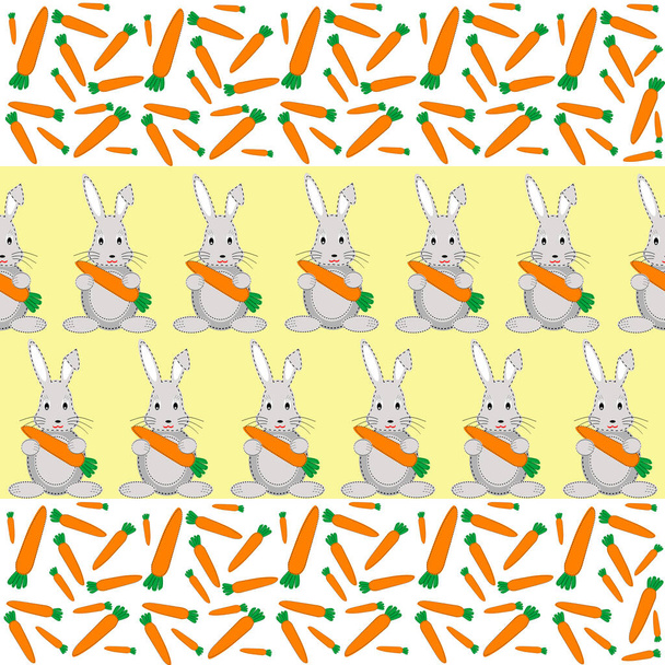 Rabbits and carrots seamless pattern on yellow background - Vector, Image