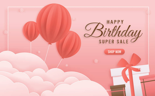 Online shop banners discount pink color Birthday Theme. Celebration voucher Happy birthday. decorating with gift box, balloon. paper cut, and papercraft style vector illustrator. - Διάνυσμα, εικόνα