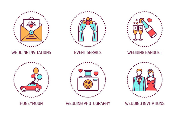 Marriage color line icons set. Wedding agency. Isolated vector element. Outline pictograms for web page, mobile app, promo. - Vetor, Imagem